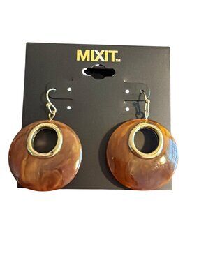 Mixit Gold Tone Marbled Brown Resin Round Drop Earrings Hooks 2" New on Card